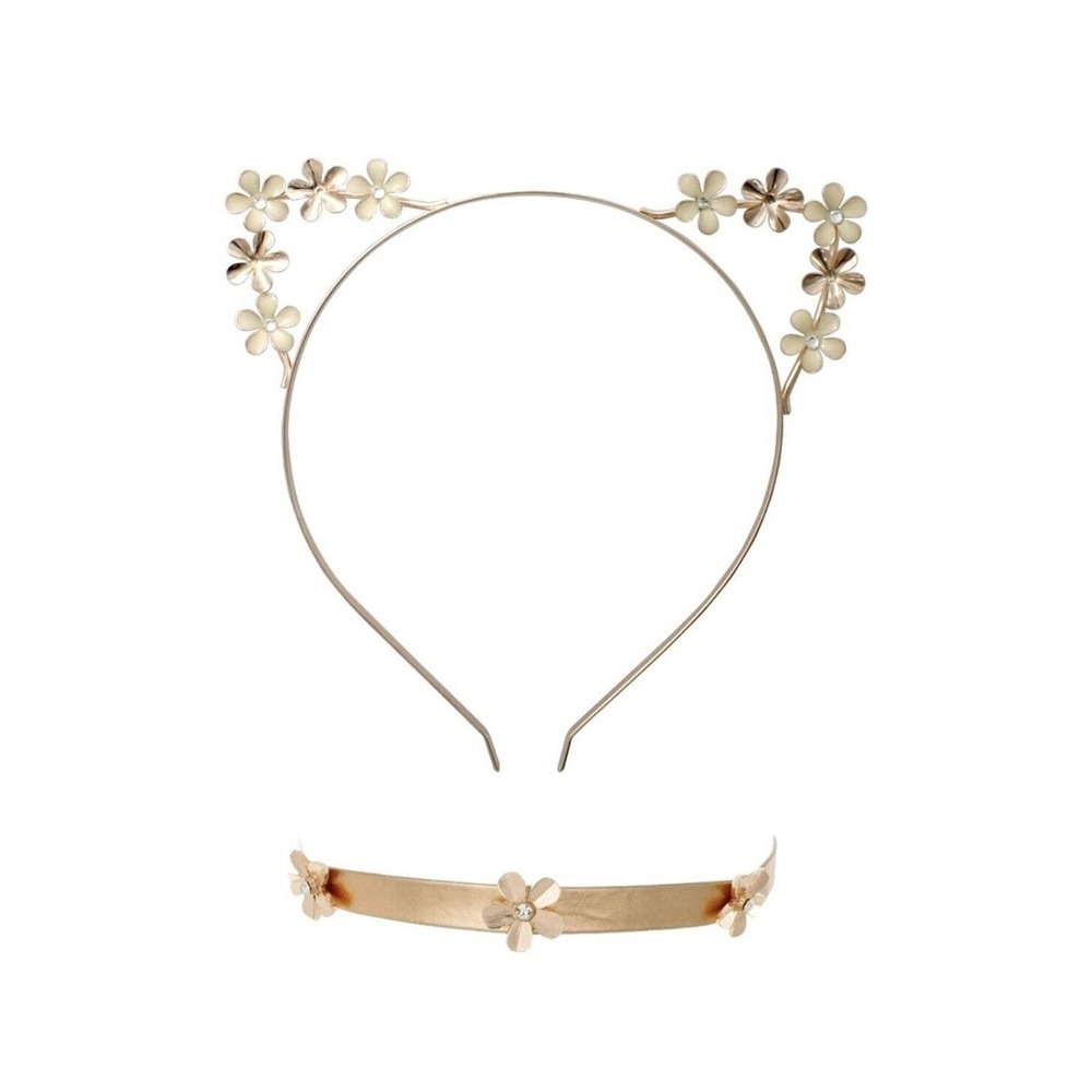 Flower Motif Gold Cat Ear Headband And 12"β Choker Necklace Set
